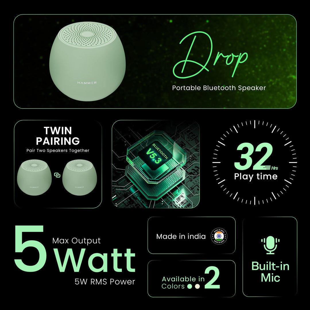 Drop 5W Bluetooth Wireless Speaker with Twin Pairing, 1200 mah Battery